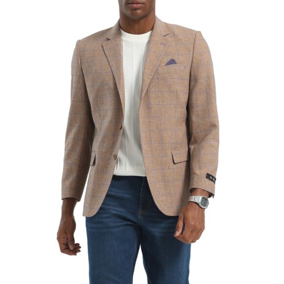 Light Brown Windowpane Notch Lapel Slim Fit Tazzio Men's Jacket - Picture 2 of 3